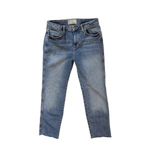 Free People Blue Denim Jeans Size 26 Mid Rise Boyfriend Cropped Frayed Hem